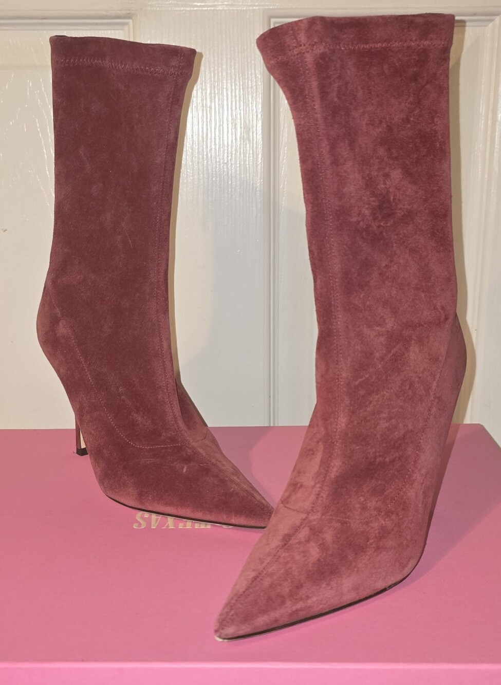 Paris Texas PX604 Suede Stretch Pointed Toe Stiletto Boots Burgundy EU 36